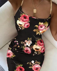 Summer New Women Floral Print Dress Chain Decor Bodycon Dress Elegant Spaghetti Strap Sexy Tight Dress