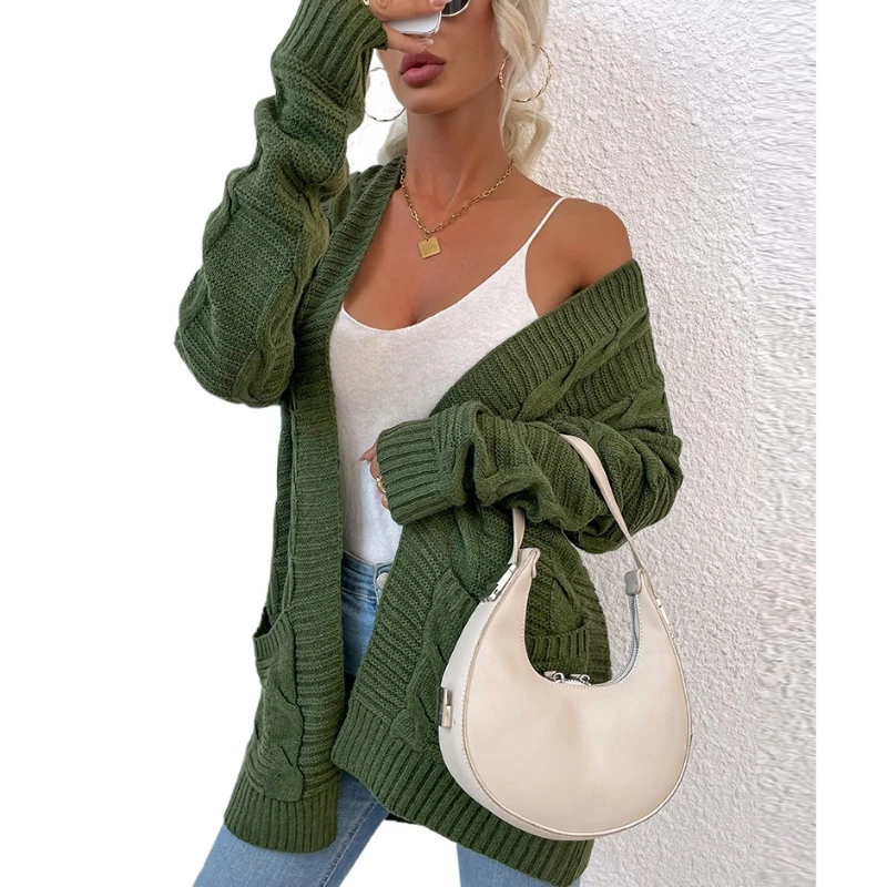 Women Sweater 2024 Casual Loose Long Knitted Cardigan autumn winter Twisted Rope Sleeve Jumper with Pocket Solid woman Clothing