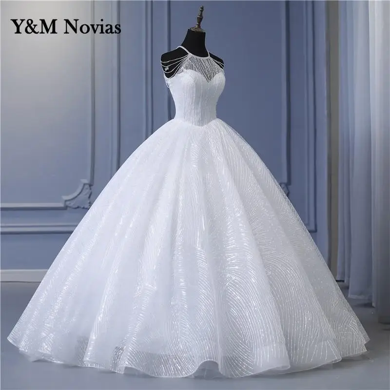 Y & m Novias Real Photo koronka w stylu Vintage suknie ślubne z koralikami Halter Neck suknia ślubna Sexy tanie suknie ślubne Sweetheart Princess