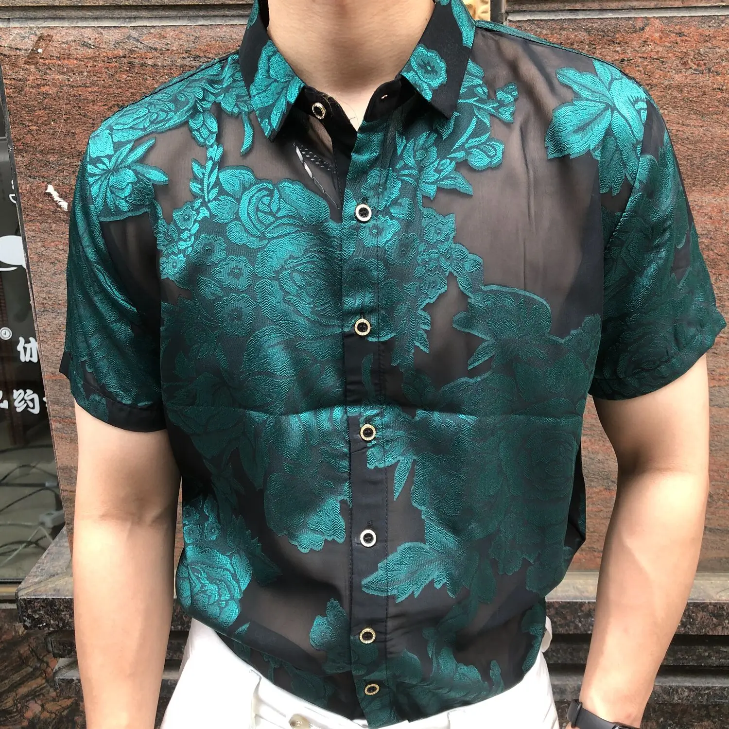 See Through Mesh Shirt Club Party Prom Chemise 2025 Homme 4xl New Sexy Lace Shirt For Male Embroidery Men Transparent Shirt