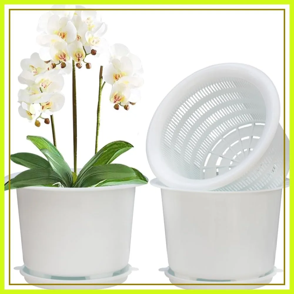 

8 Inch Orchid Pots with Holes and Saucers, Double Layer Plastic Planter for Indoor Outdoor Plants