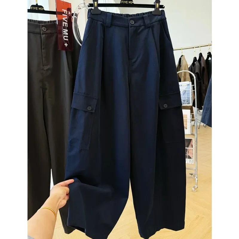 

Женские новые стильные эластичные брюки с высокой талией и карманами на пуговицах, модные однотонные свободные универсальные повседневные брюки