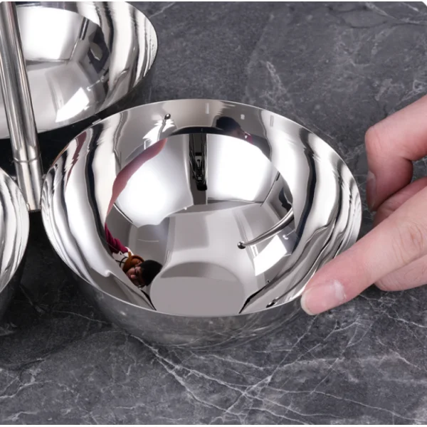

Round Stainless Steel Condiment Bowl with Handle Divided Serving Dish for Food Buffet Barbecue Outdoor Picnic