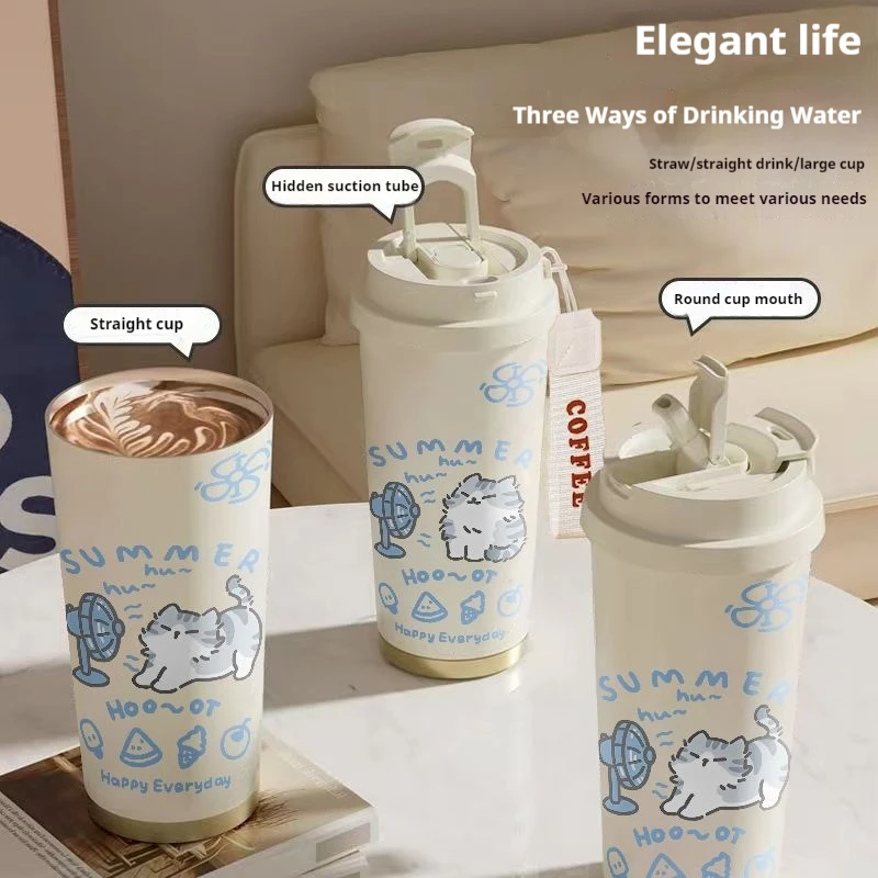 520ml Cute Cartoon Cat Insulated Cup High Appearance Stainless Steel Straw Cup Cold And Hot Insulation Double Drinking Cup