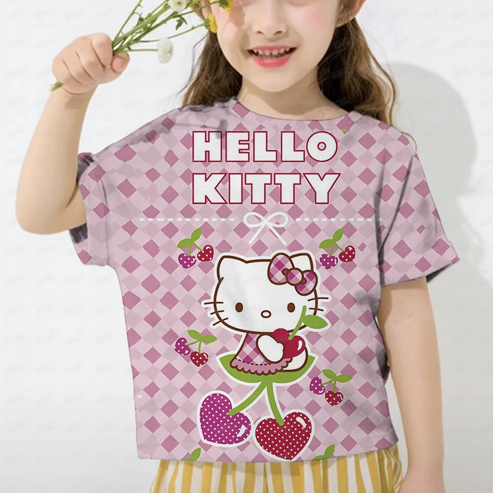 2024 Hello Kitty Cute Cartoon T-shirt Girl T-shirt Short sleeved Student Street Clothing Girl Clothing Set Casual Top