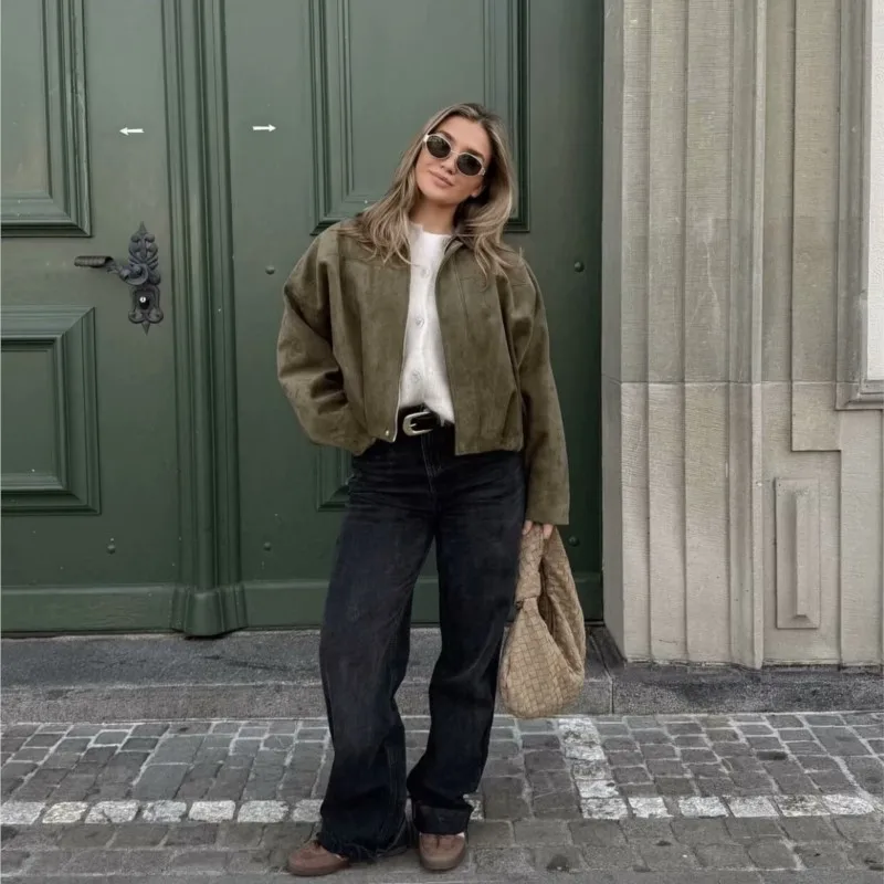 

Женские короткие летные куртки, замшевые весенние модные куртки с длинными рукавами и лацканами, простая модная повседневная новая верхняя одежда ﻿