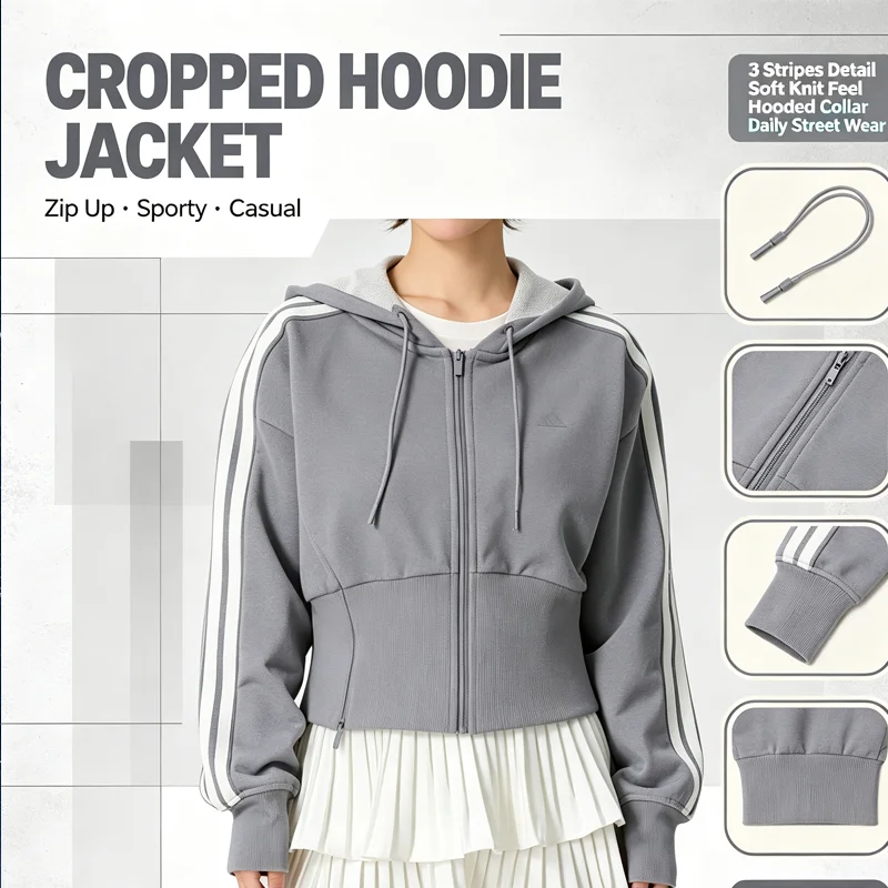 Adidas Originals KY8506 Women Gray Hooded Jacket Classic Trefoil Logo Full Zip Long Sleeve Casual Sportswear Coat