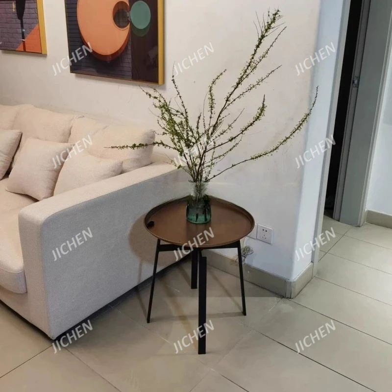 Round Side Table for Living Room, Modern Round Coffee Table, Sofa Tray Table, Simple Small Iron Table with Metal Frame