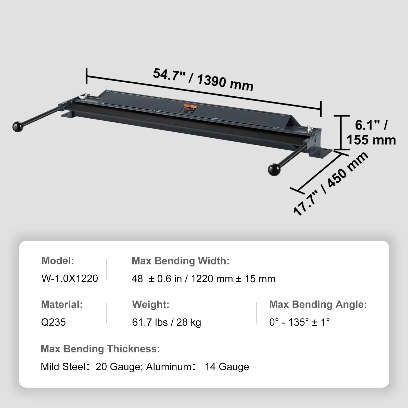 Box and Pan Brake, 48-Inch, 0-130 Degrees Sheet Metal Bending Brake, Portable Mini Metal Bender with 20 Gauge Low Carbon Steel 14 Gauge Aluminum Capacity Power Handle, for Metal Bending