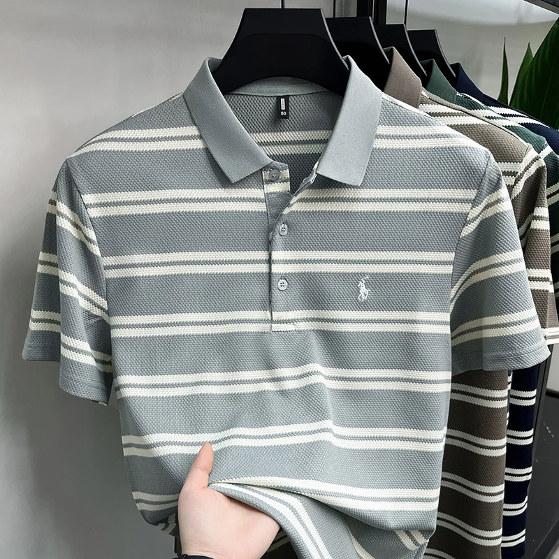 Hochwertiges Luxus-Herren-Poloshirt aus Reiner Baumwolle Kurzarm Sommer Neu Besticktes Gestreiftes T-Shirt Business Casual Atmungsaktives Oberteil