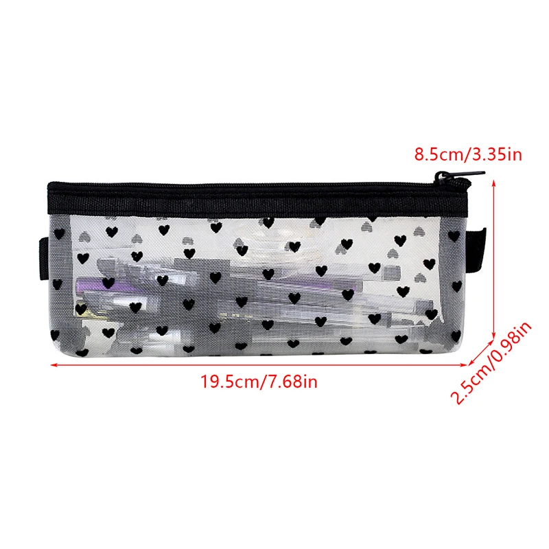 Mesh Cosmetic Makeup Bags Case Holder Cute Transparent Zipper Black Heart Printed Pencil Pen Case Pouch Convenient To Carry