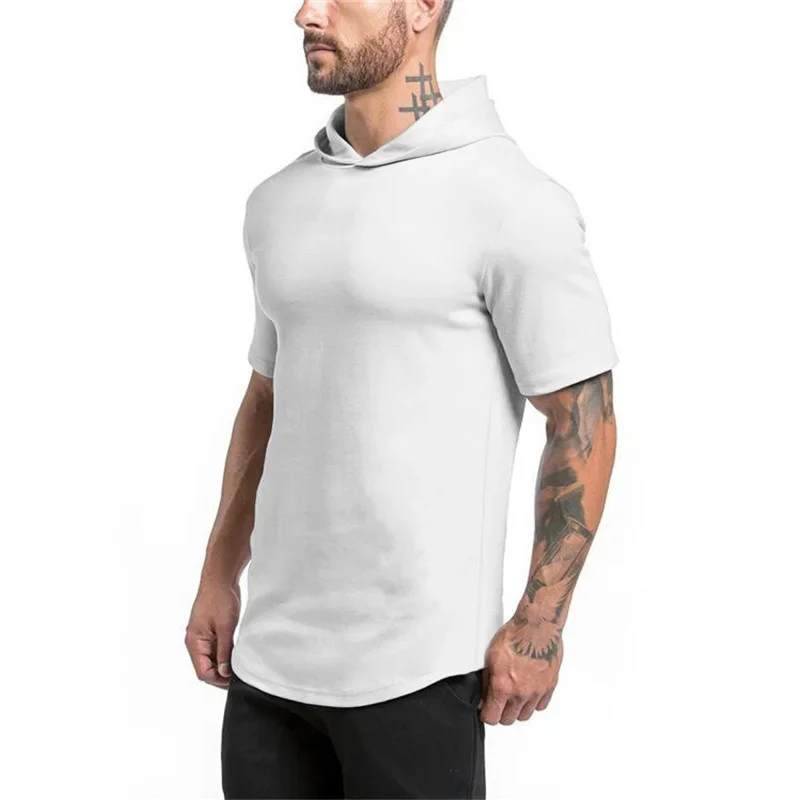 New Gym Fitness Bodybuilding Sport Hoodie Mens Slim Fit Solid Color Hooded T-Shirt Cotton Breathable Short Sleeve Muscle Shirt