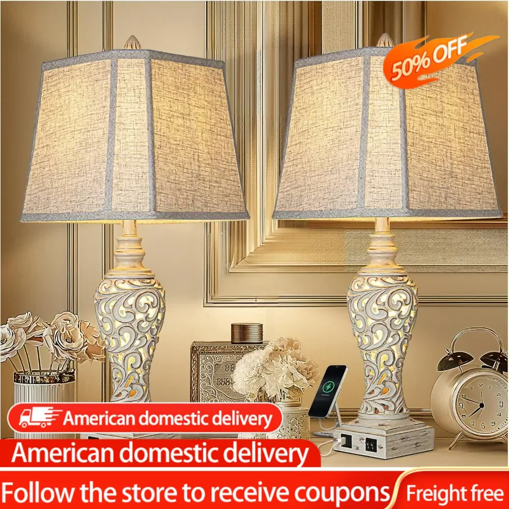 Table Lamps Set of 2 - Bedside Lamp with Fabric Shades - for Bedroom and Living Room with USB and Nightlight