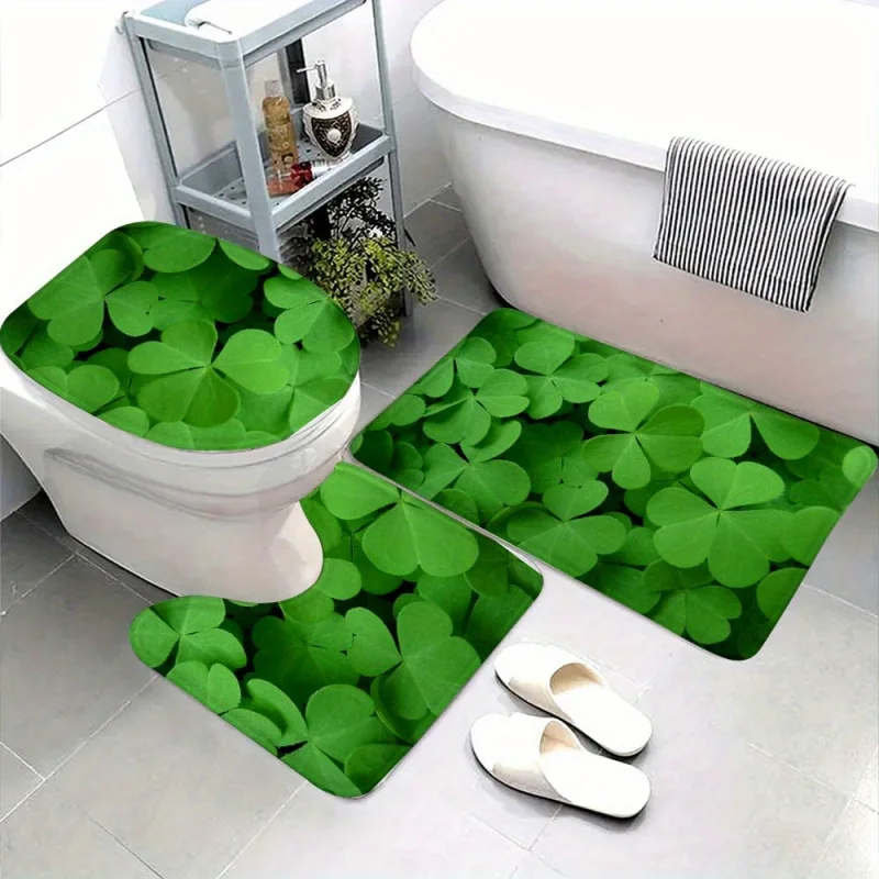 3-Piece Clover Pattern Bathroom Rug Set - Non-Slip, Water Absorbent, Knit Fabric Toilet Lid & Tank Covers with Polyester Bath Ma