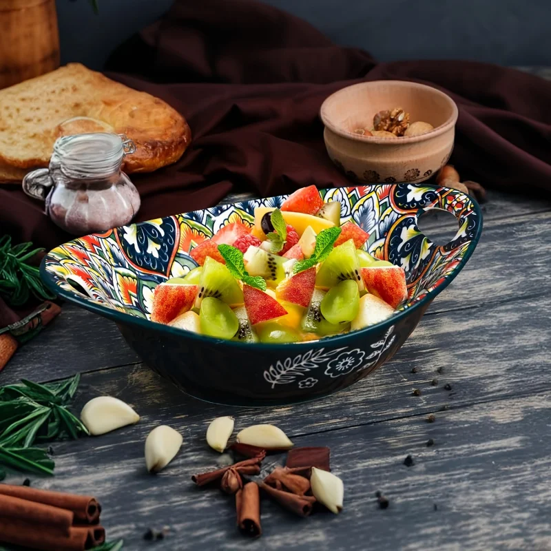 2 Set 9 inch ceramic salad bowl 、 20 oz novelty Oval double handle dinner plate 、 microwave oven safety boat bowl 、 stackable so