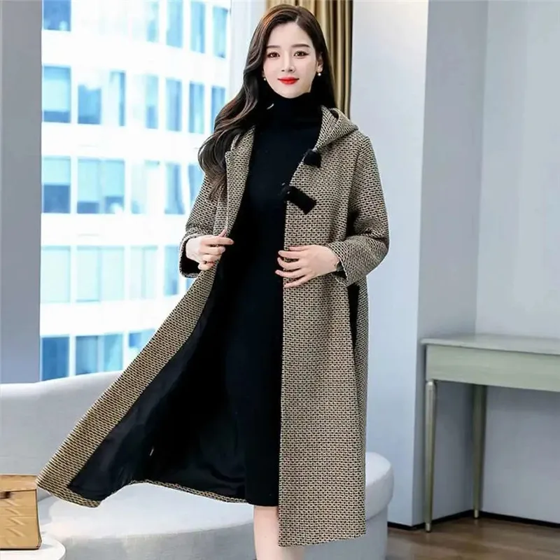 Autumn Winter 2023 New Casual Loose Coat Women's Fashion Vintage Temperament Woolen Jacket Hooded Female Long Casual Overcoat