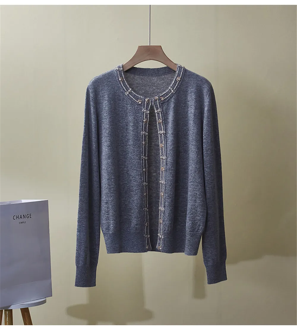 Giacca versatile casual con paillettes ricamate con scollo tondo cardigan in cashmere nuovo autunno e inverno da donna