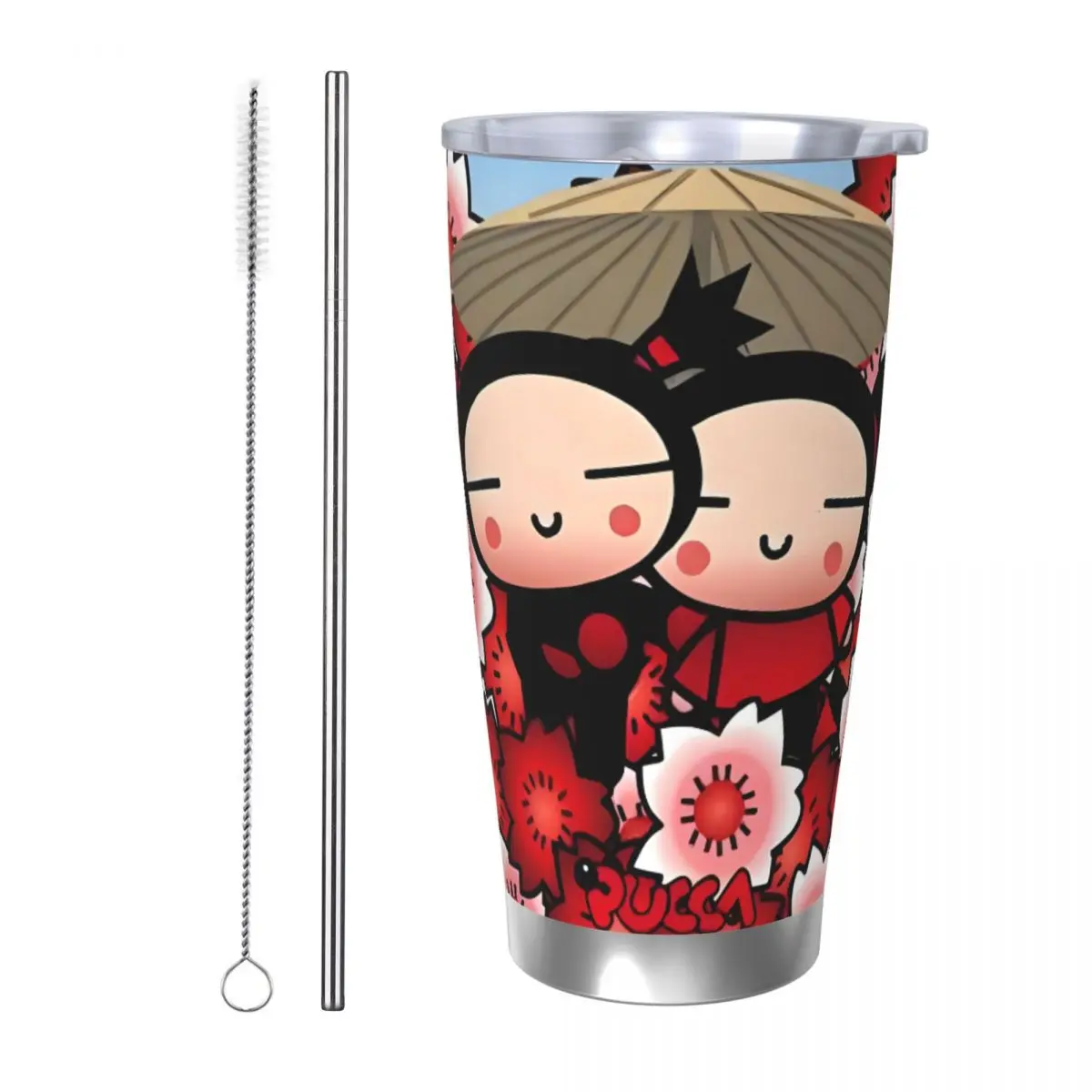 Cute Cartoon Pucca 20oz Stainless Steel Car Mug Straw Thermal Iced Travel Cup Vacuum Insulated Coffee Hot Cup