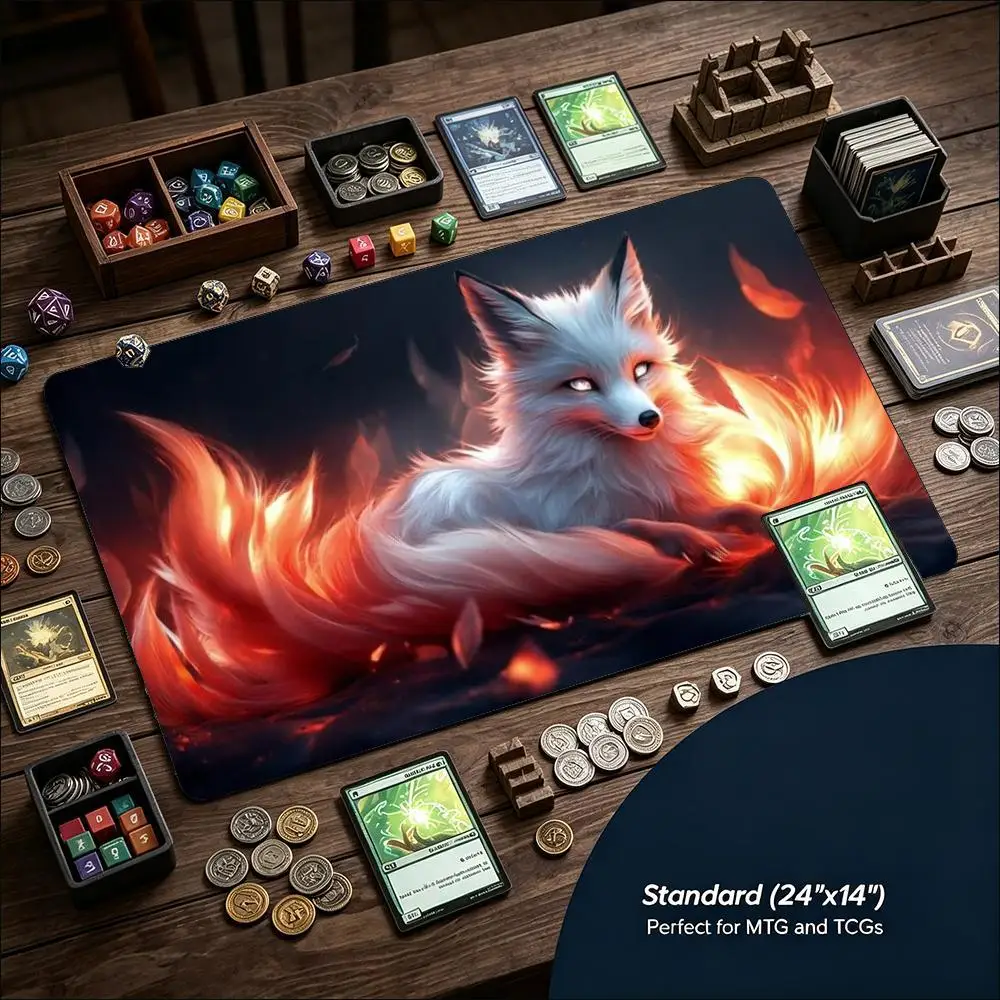 Fiery Fantasy Nine‑Tailed Fox Game Playmat Non‑Slip Rubber Table Mat Mystical Myth Creature Print For Tabletop Card Games