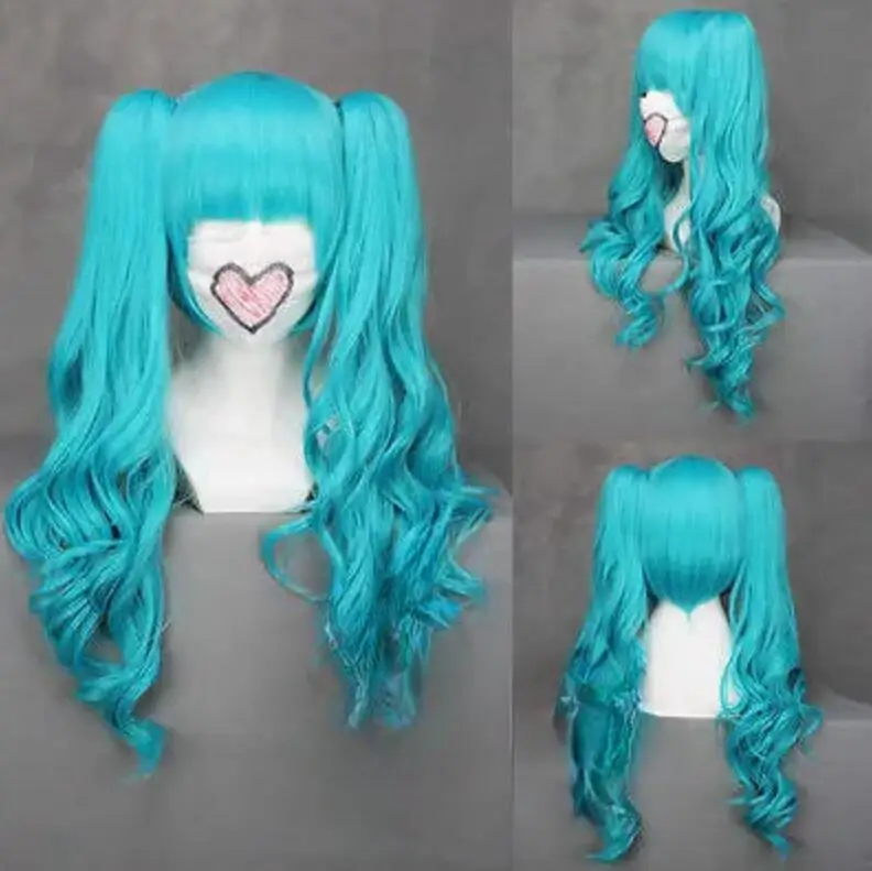 Vocaloid Miku Long Blue Green Wavy Anime Cosplay Party Wig+2Clip On Ponytail