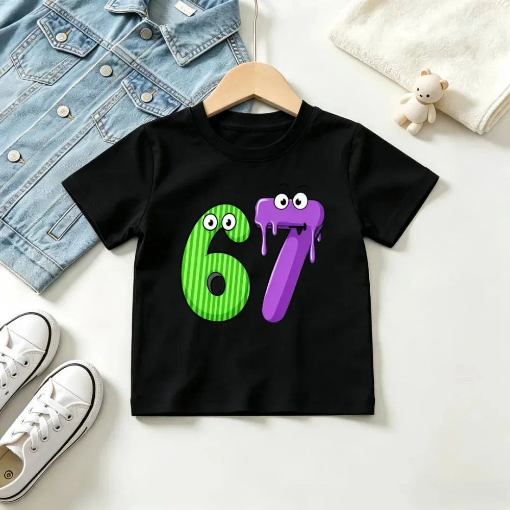Kids Short Sleeve T Shirt Funny Cartoon Dripping Face Stripe Pattern Number 67 Graphic Print O-Neck Tee Trendy Casual Summer Top