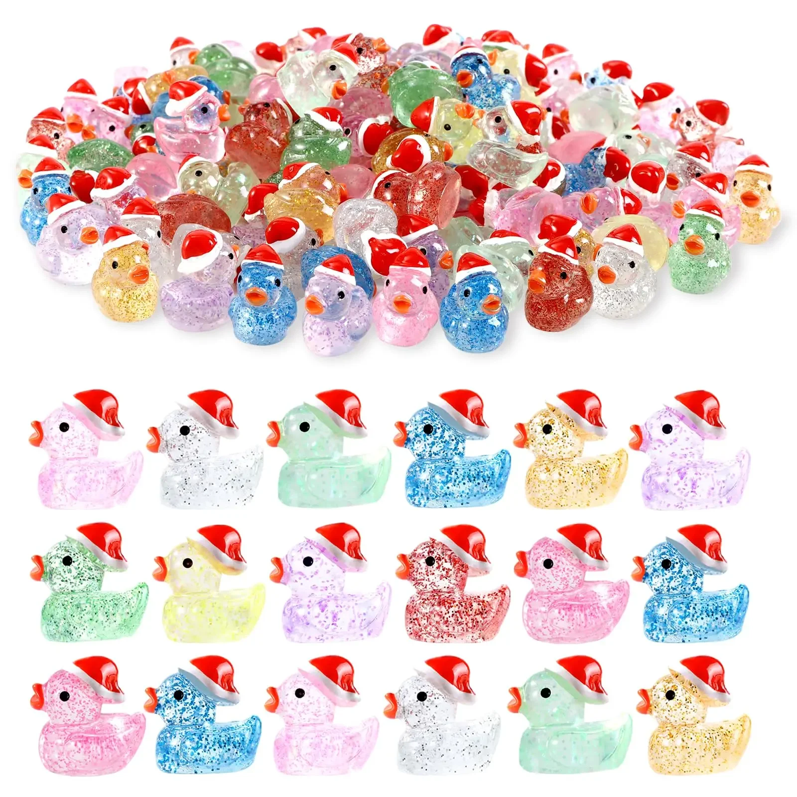 100pcs Christmas Mini Glitter Ducks Colorful Tiny Small Little Resin Ducks to Hide Plastic  Duck for Xmas Goodie Bag Fillers