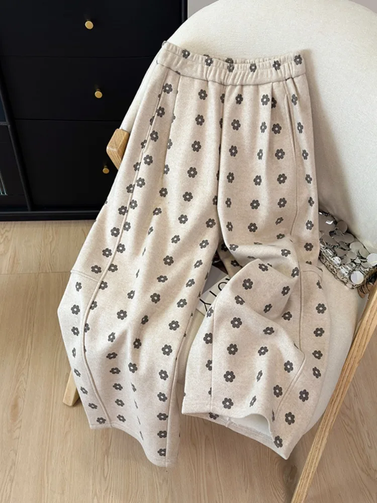 Damskie zimowe ocieplane spodnie z szerokimi nogawkami, haftowane kwiatami, z wysokim stanem, o prostym kroju, wyszczuplające, codzienne spodnie.