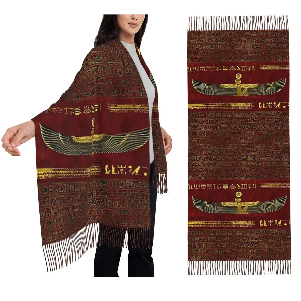 Golden Egyptian God Ornament On Red Leather Scarf Tassel Scarves Women Soft Warm Shawls and Wraps Long Fall Winter Shawl Wrap