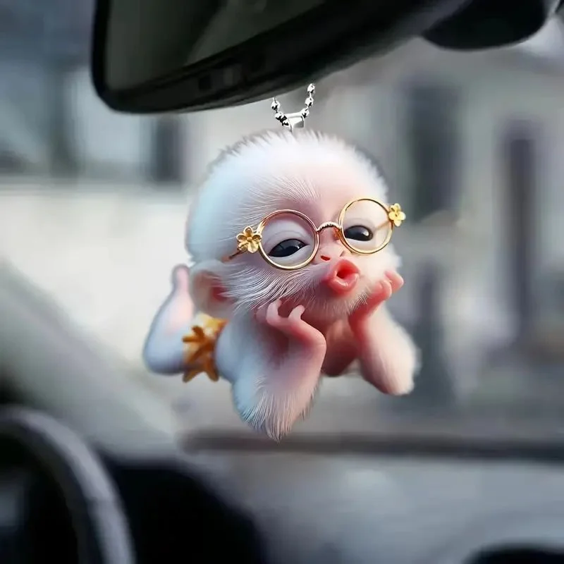 Cute Pouting Monkey Car Decor Pendant Fashionable Funny Auto Accessories Keychain Rearview Glass Charm