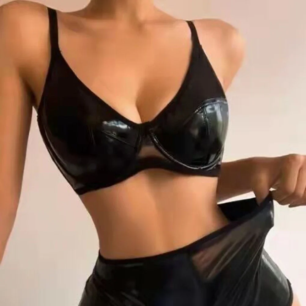 Donne effetto bagnato biancheria intima in pelle PU reggiseno Push Up perizoma mutandine vestito Sexy Lingerie nera 2 pezzi set esotici costumi