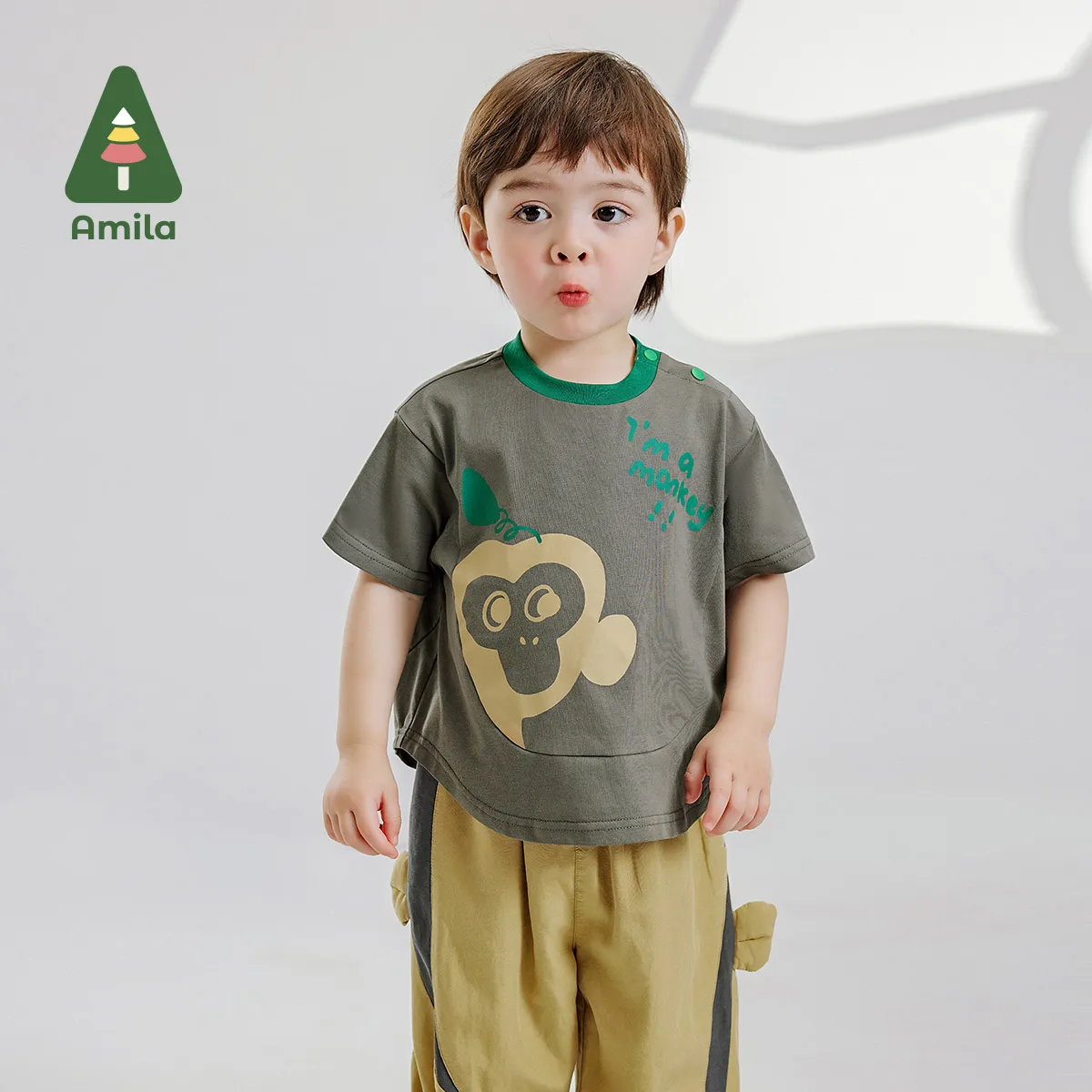 

Amila 2024 Summer New Baby Boys Set Cartoon Monkey Print cotton Short sleeve + Pants Children's Clothing 0-6Y