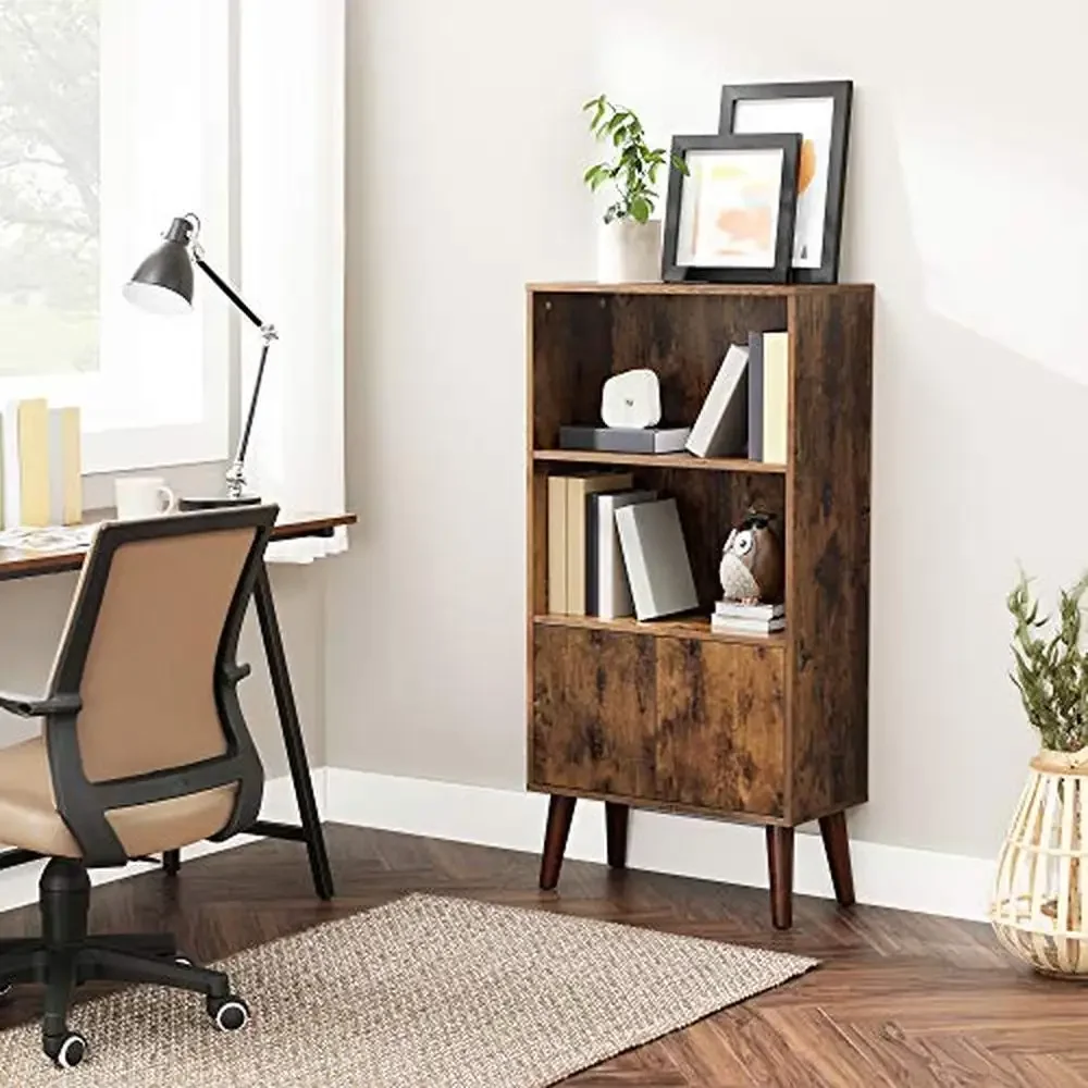 2 ชั้น MID-Century ตู้หนังสือประตูตู้ห้องนั่งเล่น Office Study Retro สไตล์ไม้ชั้นวางหนังสือ Display Organizer