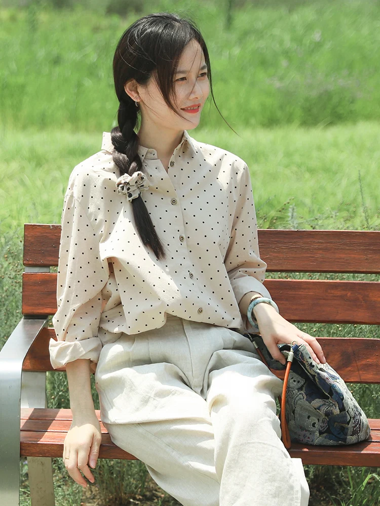 

Женский свободный кардиган Autumn Valley из чистого хлопка с длинным рукавом, в стиле ретро, в горошек, с отложным воротником, весна 2025, для повседневной носки