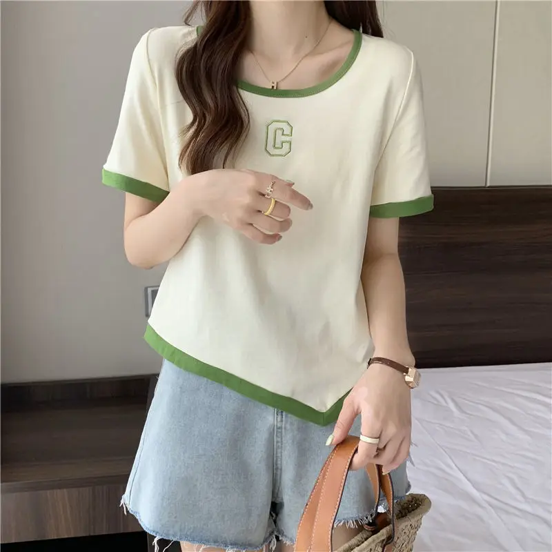 Summer Korean Letter O-neck Short Sleeve T-Shirt Women Clothes All-match Embroidered Slim Top Tee Ladies Simplicity