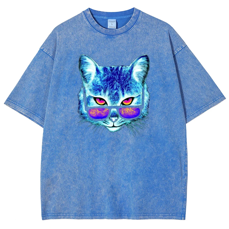 

Retro Old T-Shirt Trend Cool Contrasting Sunglasses Cat Printing Multi-Color Fashion Summer New Crew Neck Short Sleeves