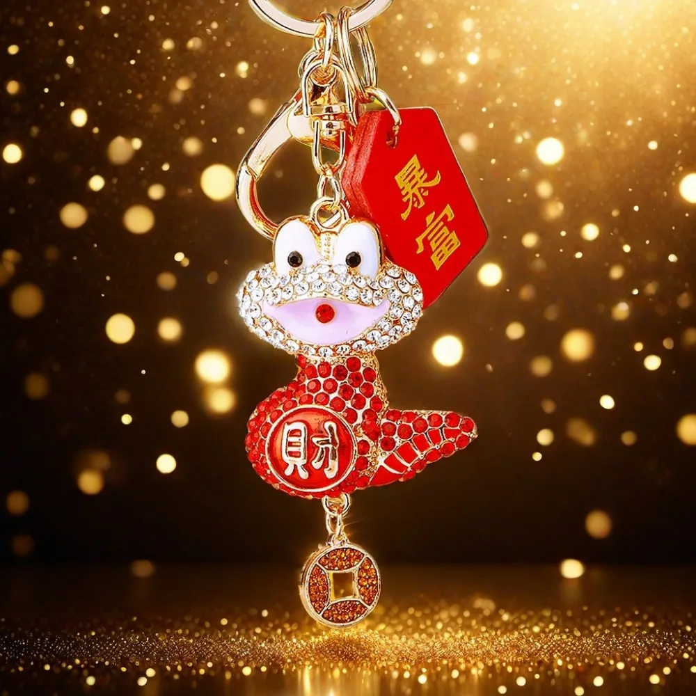 Chinese Snake Lucky Pendant Fortune Jewelry Rhinestone Snake Keychain Collection Trinket Zodiac Snake Year Key Ring Couple