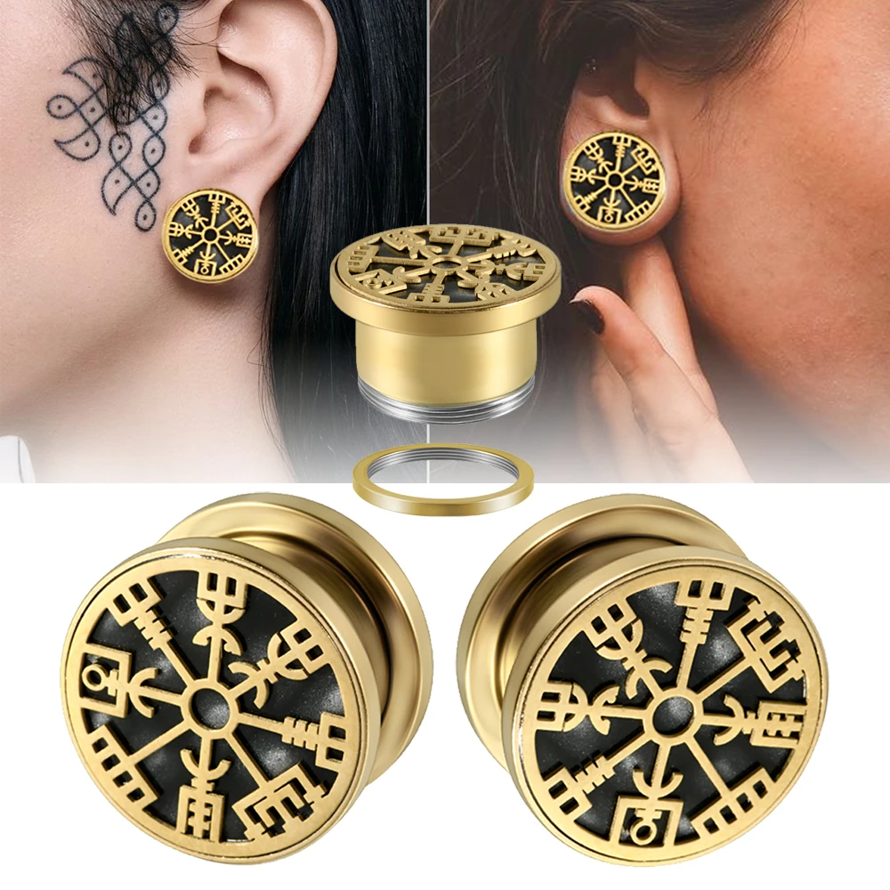 1/2PCS 18K Golden Plated Surgical Steel Mythology Rune Ear Gauges Tunnels Expander Piercing Body Jewelry Plugs Pulley Stretcher