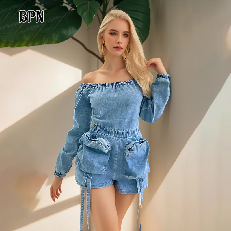 BPN Streetwear Patchwork Pockets Cargo Playsuits For Women Slash Neck Long Sleeve High Waist Casual Loose Playsuit Female Style