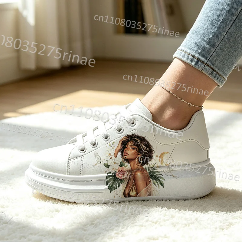Ladies Thick Sole White Casual Sneakers Afro Woman Floral Moon Butterfly Print Lace Up Fashion Platform Walking Shoes