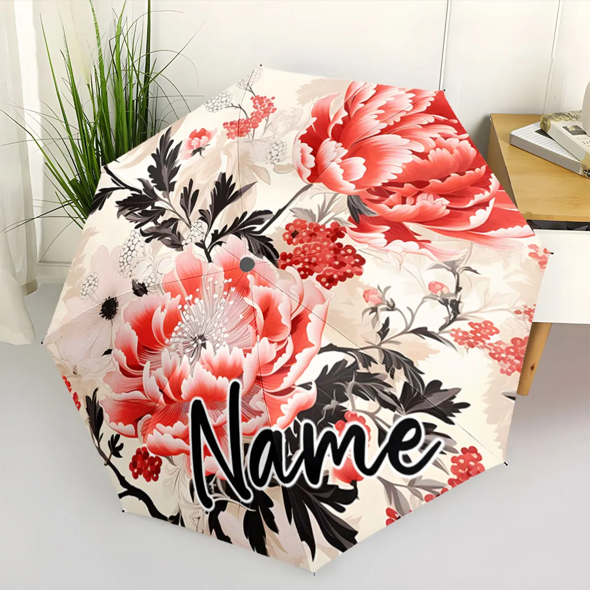 Custom Name Elegant floral umbrella design with bold print Print 8 Iron Ribs Folding Umbrella, Auto-Open Fashion Sunshade