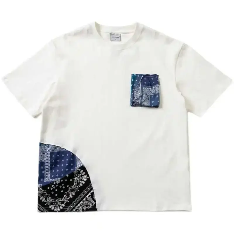 

Lucky Sartorius New Arrival Japanese Ethnic Style Cashew Flower Pocket Splicing Summer Short Sleeved T-shirt Men's All Cotton T