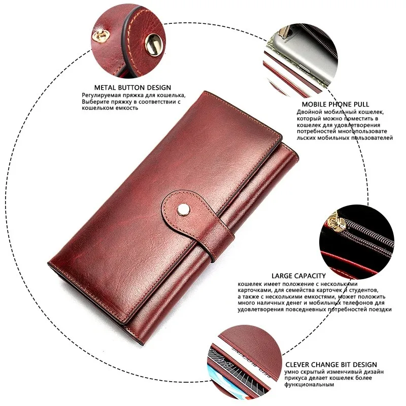 Long leather wallet with multiple card slots for women, anti magnetic card bag, fashionable and trendy top layer cowhide wallet