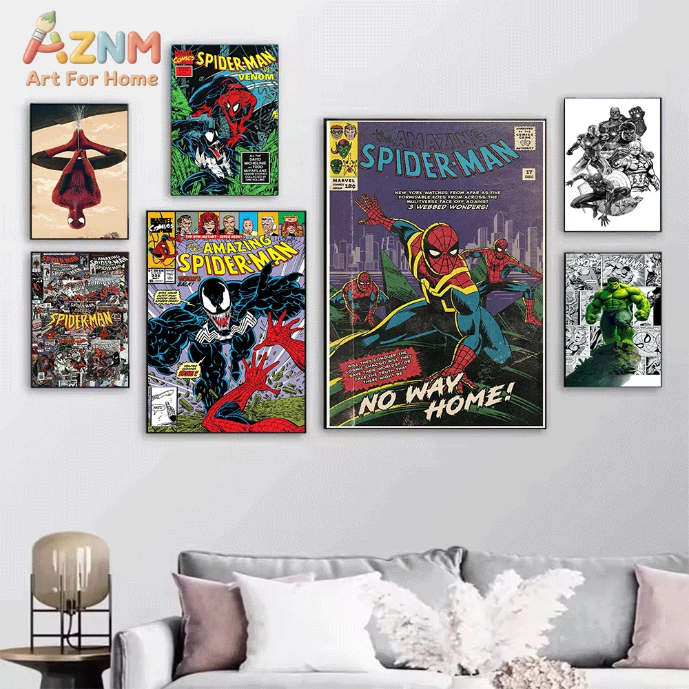AZNM Spiderman Dynamic Swing Pose Retro Collage Comic Canvas Wall Print, Vintage Superhero Pop Art Style Poster, Unframed Canv