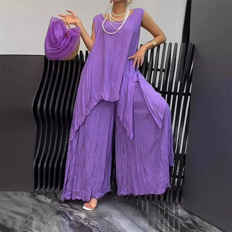 Fold Style Female Set Fashion Chic O Neck Sleeveless Blouse Tops&Wide Leg Pants Suit Casual Solid Irregular Set Women Two Piece