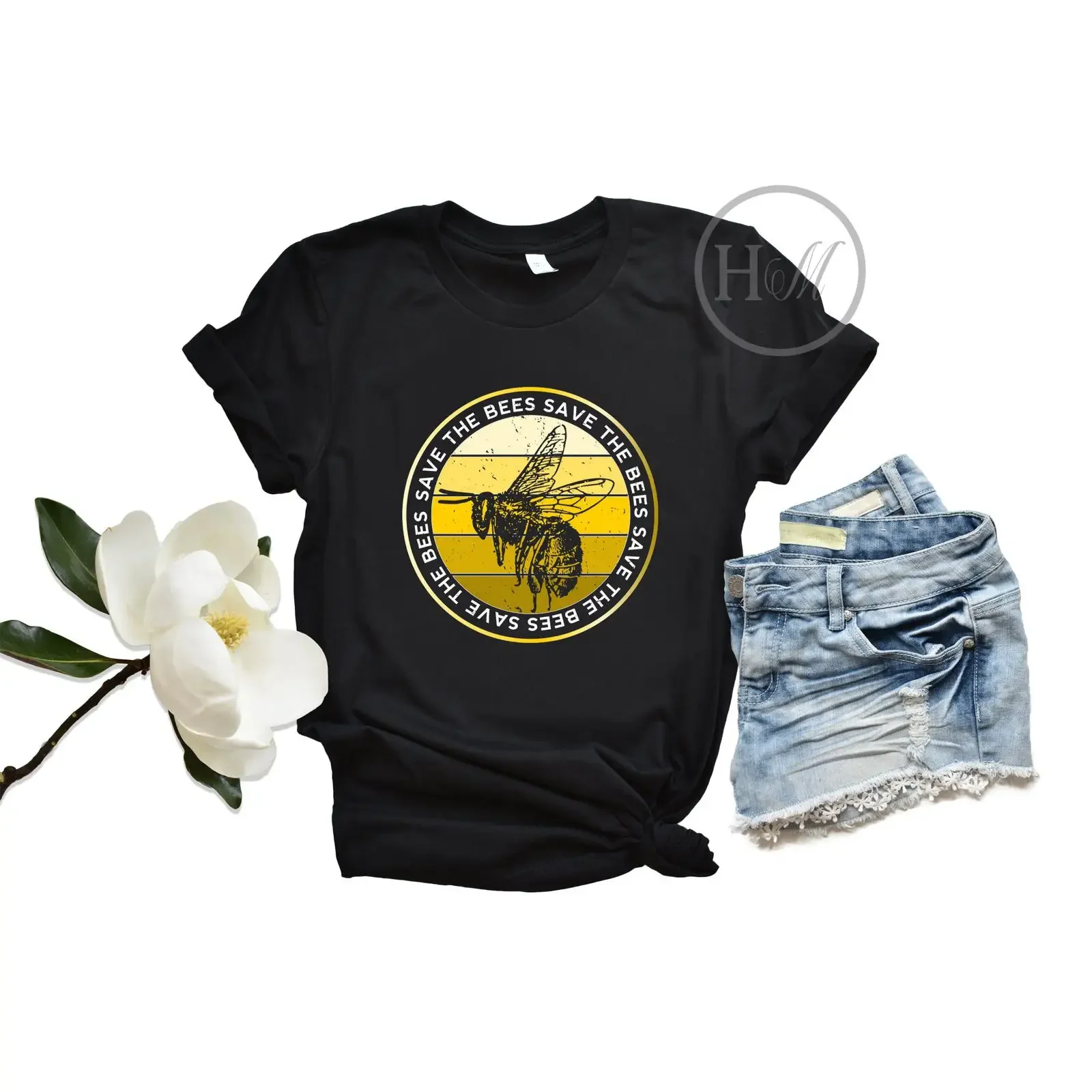 Save The Bees Distressed T Shirt Bumble Bee Eco Friendly Nature Lover Environmental Protect Earth Top vintage Washed Casual