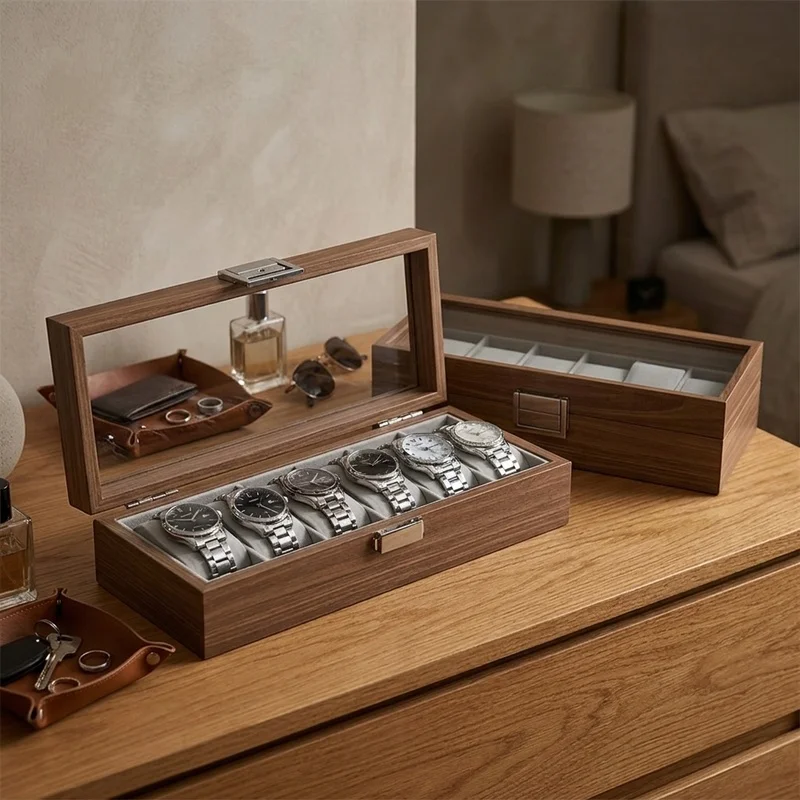 3/6/10/12 Slot Wooden Watch Storage Box, Black Walnut Grain Wristwatch Display Organizer Case for Men Women Collection