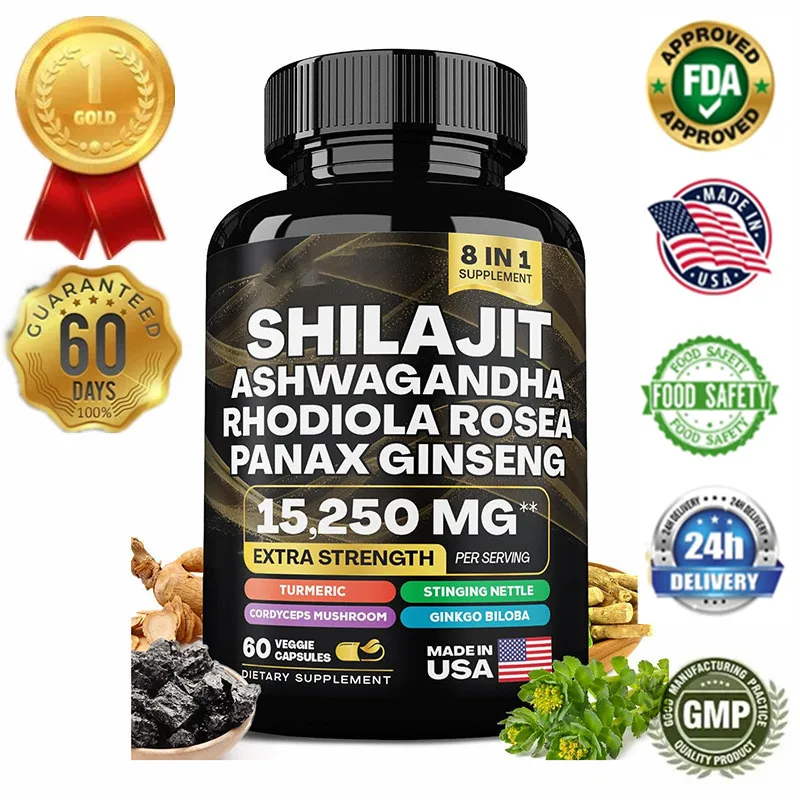 15250mg Pure Himalayan Shilajit Capsules with Maca Ginseng Ashwagandha Turmeric, Energy Supplement Muscle Mass Endurance