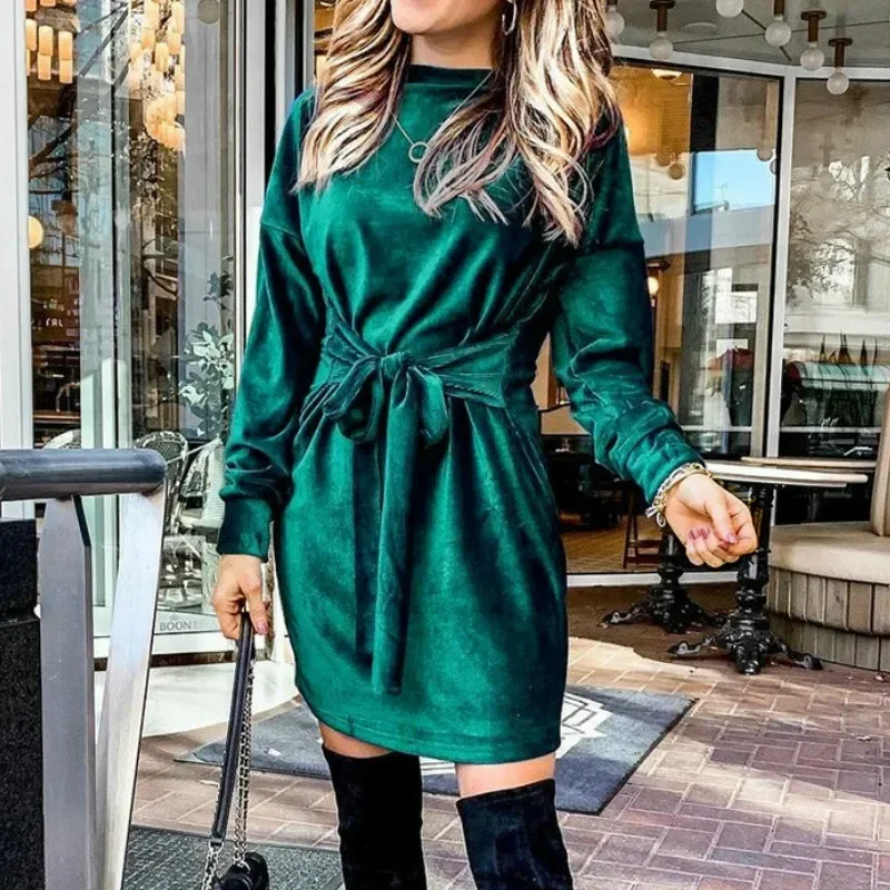 Sexy New Bodycon Slim Mini Party Dress Women Autumn Casual Office Dress Belt Women Winter Long Puff Sleeve Velvet Fashion Dress