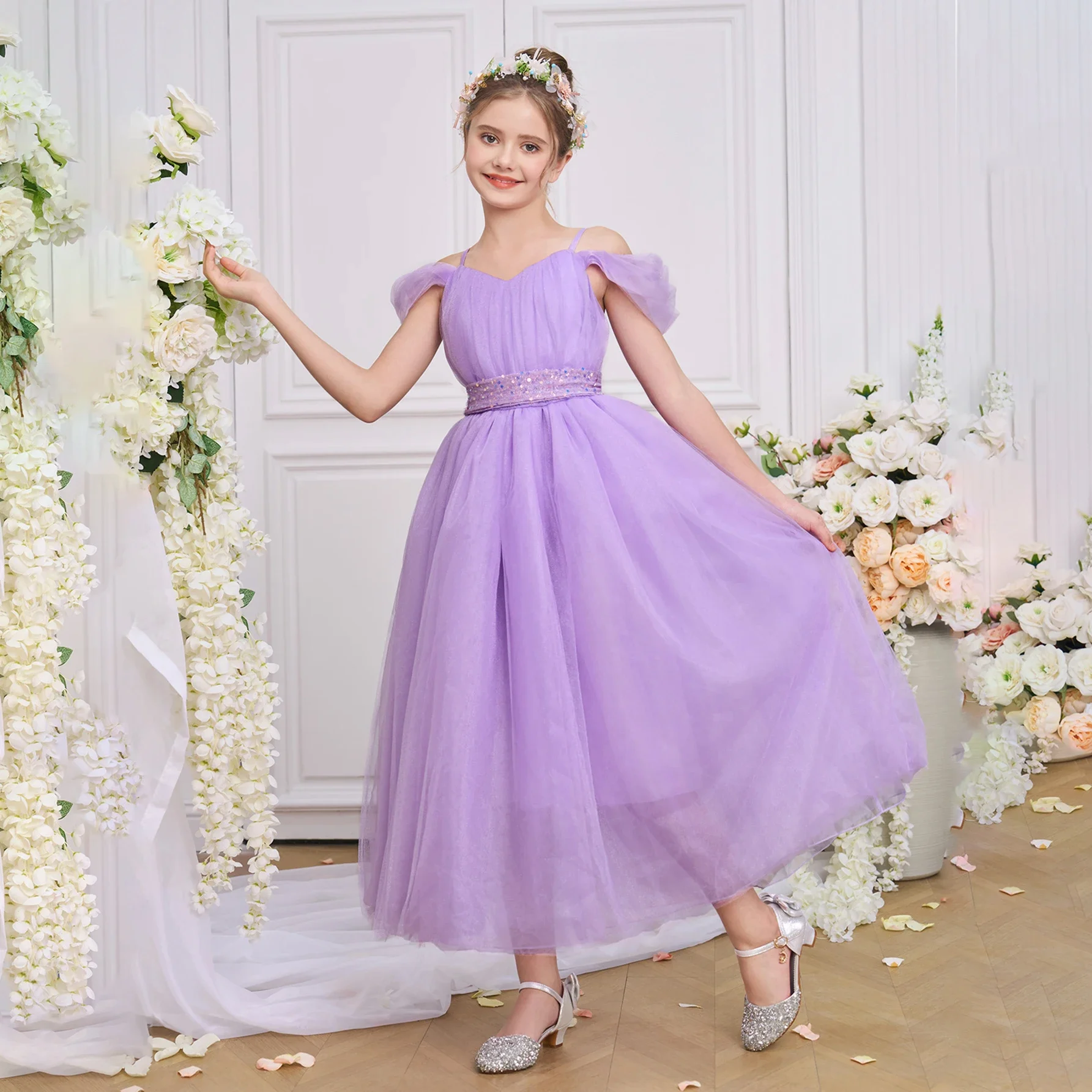 

Girls' Tulle Flower Girl Dress Off - Shoulder Short Sleeves Sparkling Waistband Flowy Midi Gown Elegant Formal Occasion Outfit
