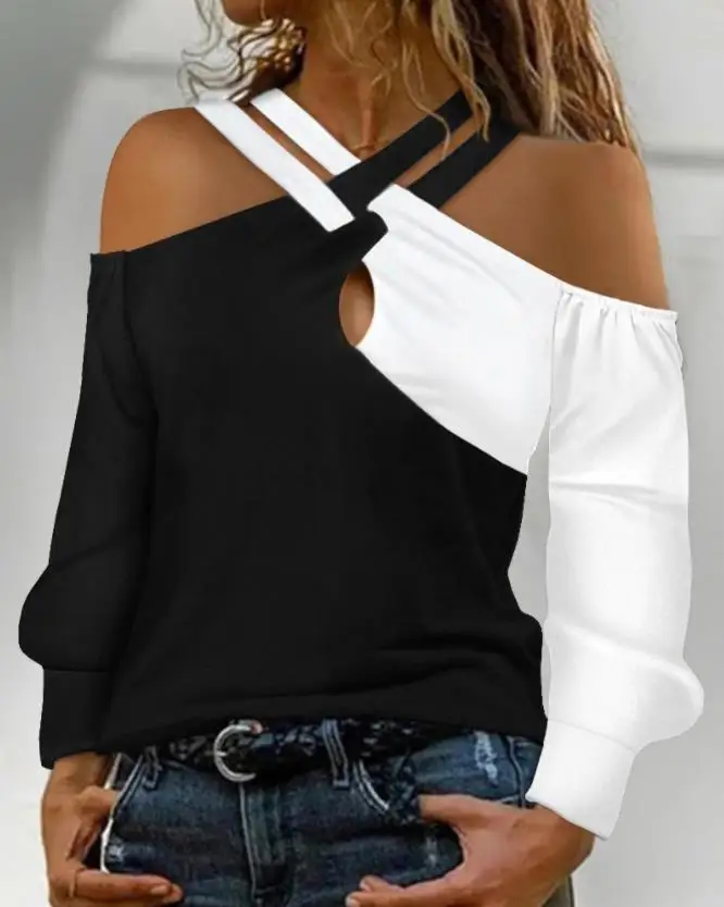 Tops Women 2022 Trendy Fashion Colorblock Rhinestone Cold Shoulder Top Casual Long Sleeve Tee All-Match Female T-shirt